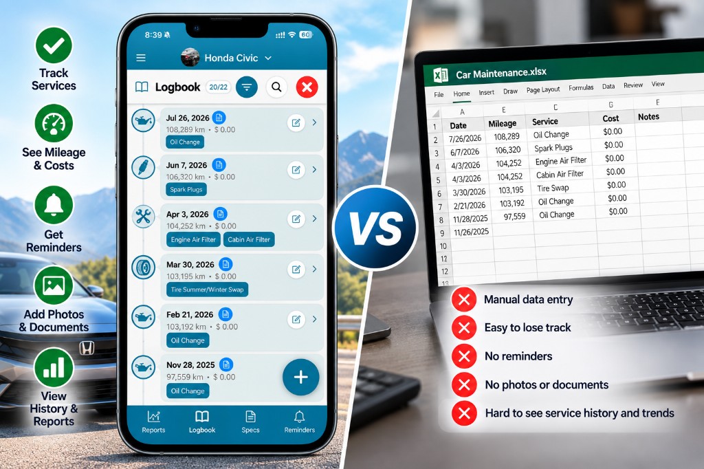 Carmainty logbook on a phone versus a car maintenance spreadsheet on a laptop, with pros and cons compared