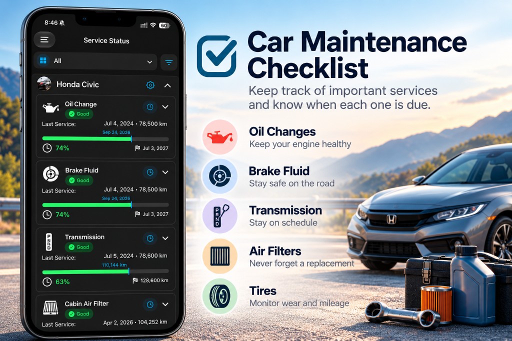 Carmainty service status on a phone beside a car maintenance checklist for oil, brakes, transmission, filters, and tires