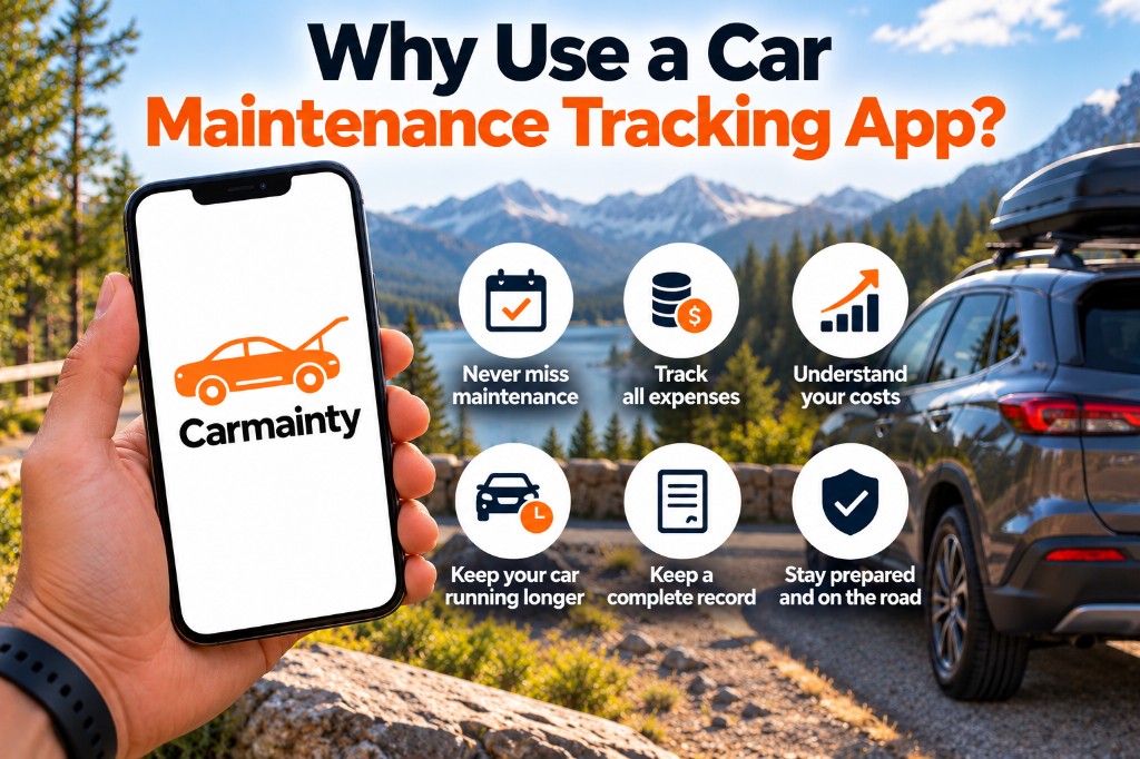 Why use a car maintenance tracking app graphic with Carmainty on a phone and six benefits
