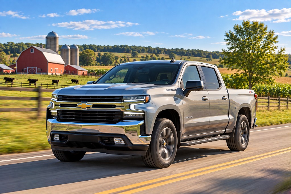 Silver Chevrolet Silverado Z71 crew cab driving past a red barn on a rural road
