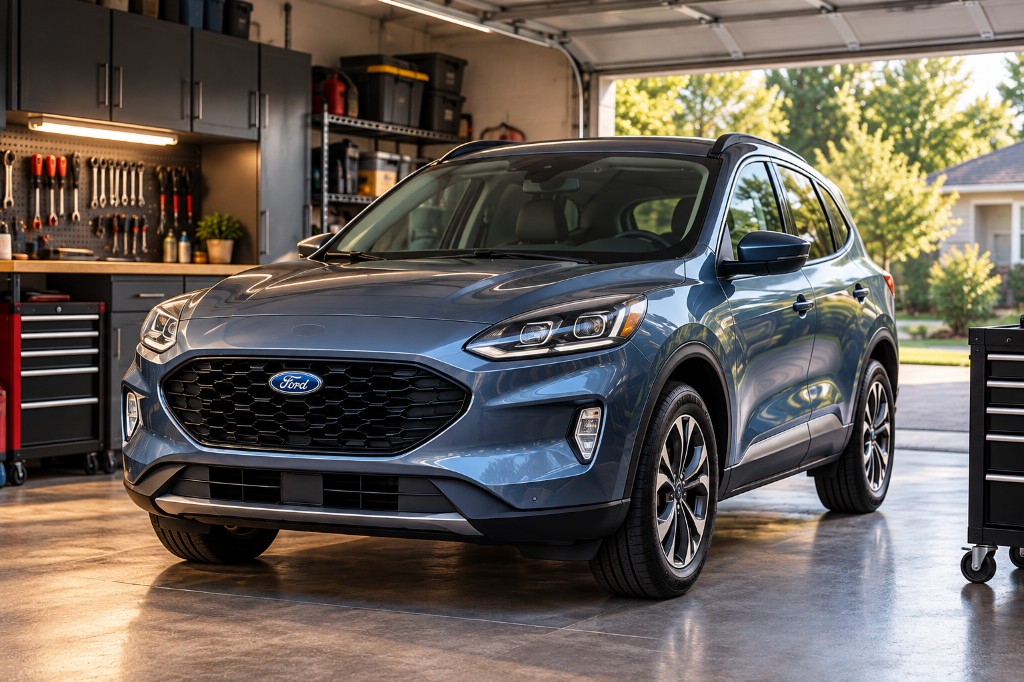 Blue Ford Escape parked in a garage with tools and an open garage door