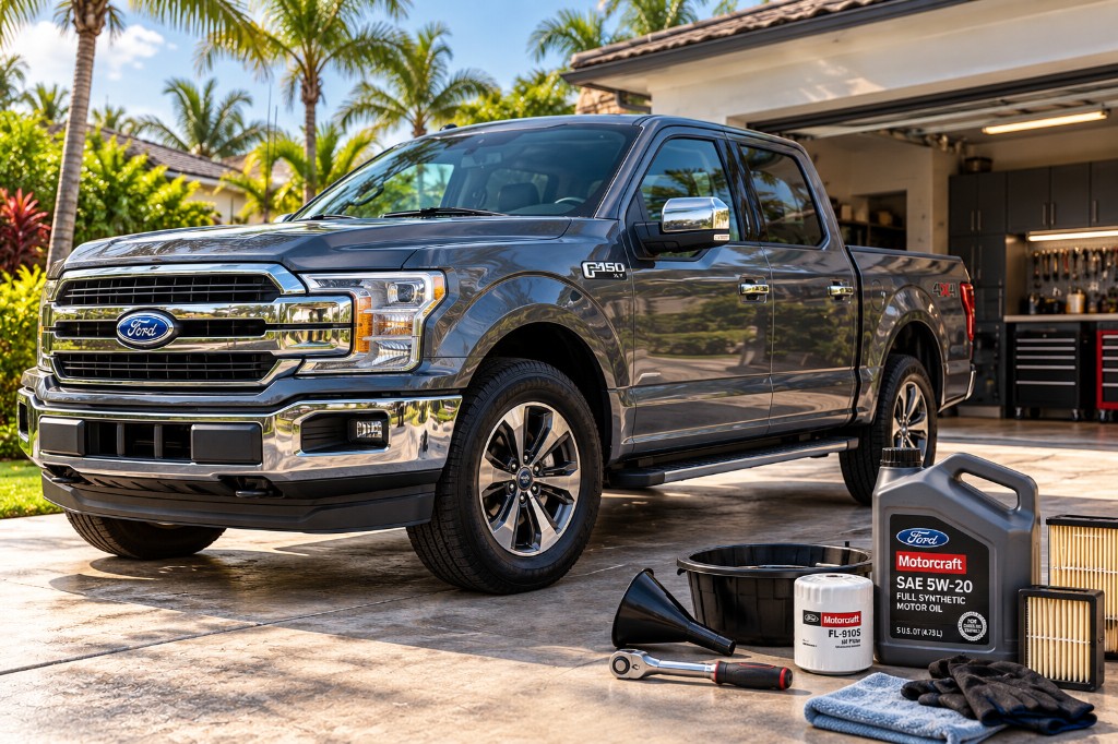 Grey Ford F-150 XLT on a driveway with Motorcraft oil, filter, and DIY oil-change tools