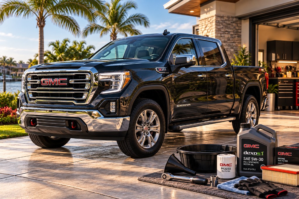 Black GMC Sierra Z71 on a driveway with GMC oil, filters, and DIY maintenance tools