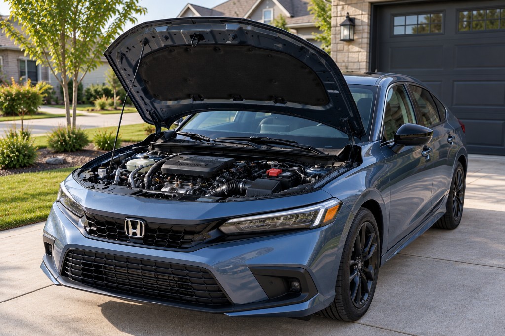 Sonic gray 11th-gen Honda Civic sedan with hood open on a driveway, showing the VTEC Turbo engine bay