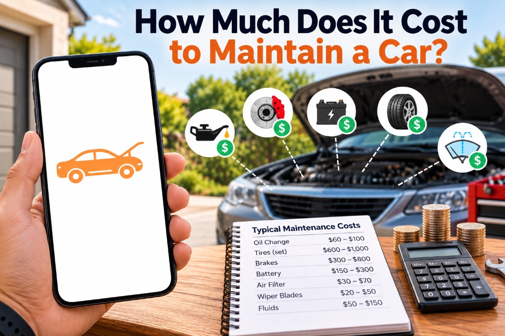 Infographic of typical car maintenance costs with oil, brakes, battery, tires, and fluids listed in a notebook