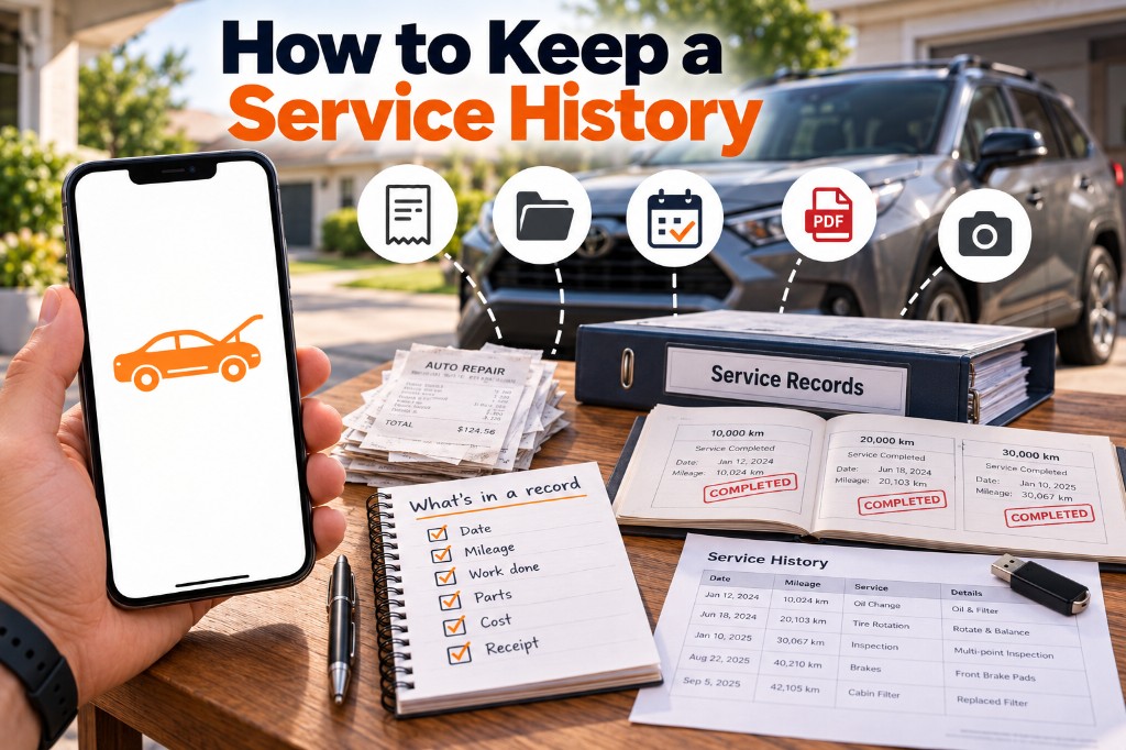 How to keep a service history graphic with receipts, service logbook, binder, and phone app