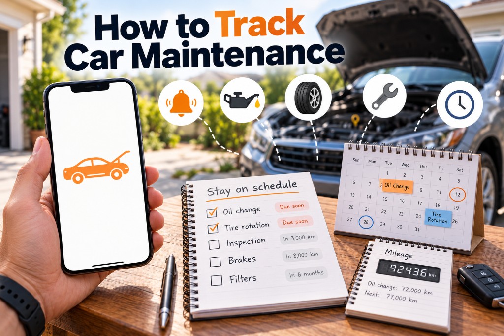 How to track car maintenance graphic with checklist, calendar, mileage log, and phone app