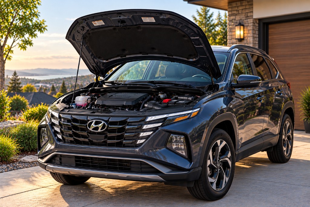 Grey Hyundai Tucson with hood open on a driveway at sunset