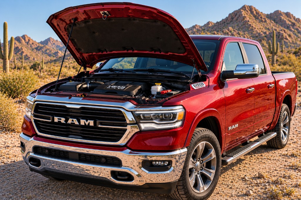 Red 5th-gen Ram 1500 HEMI 5.7L with hood open in a desert setting, showing the engine bay