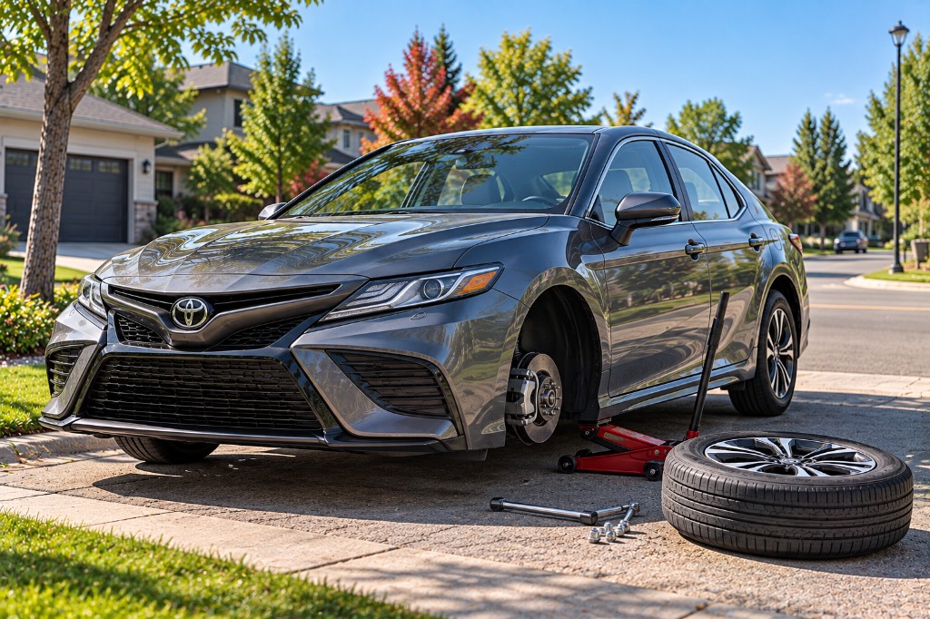 Grey Toyota Camry on a driveway with a front wheel removed during tire service