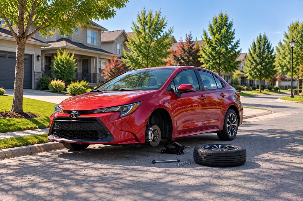 Red Toyota Corolla on a street with a front wheel removed during tire service