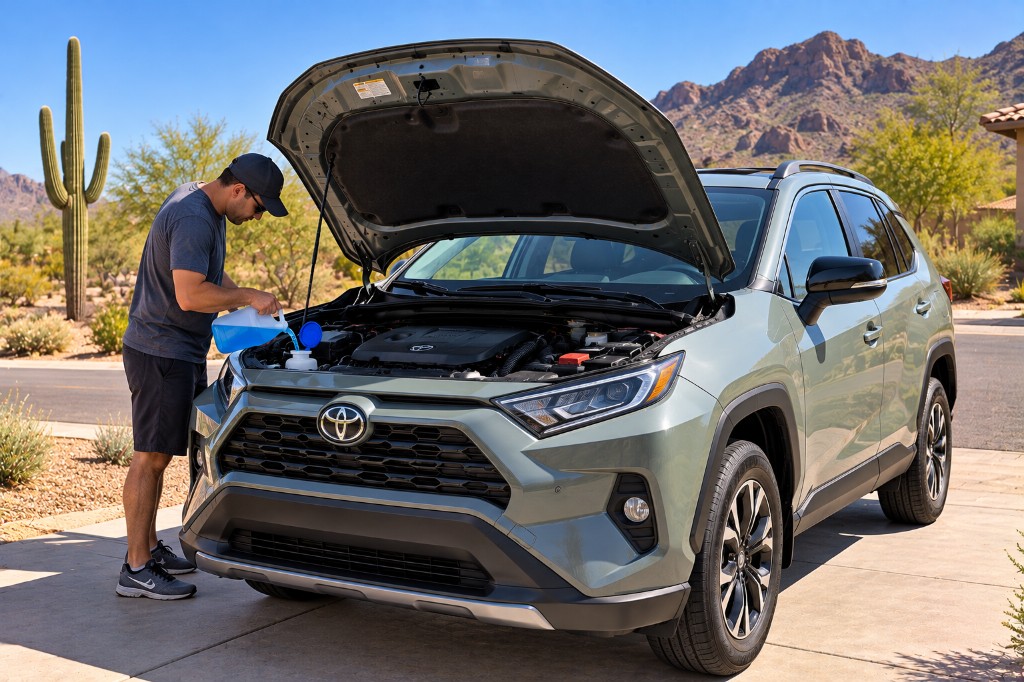 Sage green Toyota RAV4 with hood open while washer fluid is topped up in a desert driveway