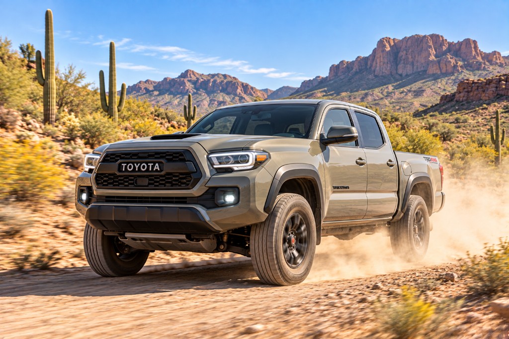 Lunar Rock Toyota Tacoma TRD Off-Road driving on a dusty desert road