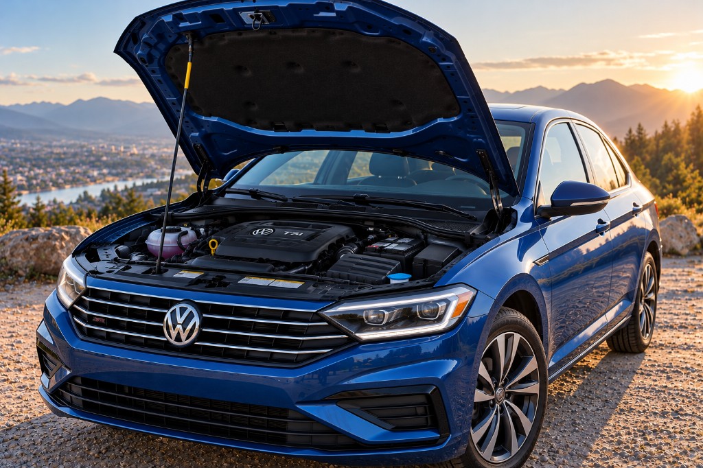 Blue seventh-generation Volkswagen Jetta R-Line with hood open, showing the TSI engine bay
