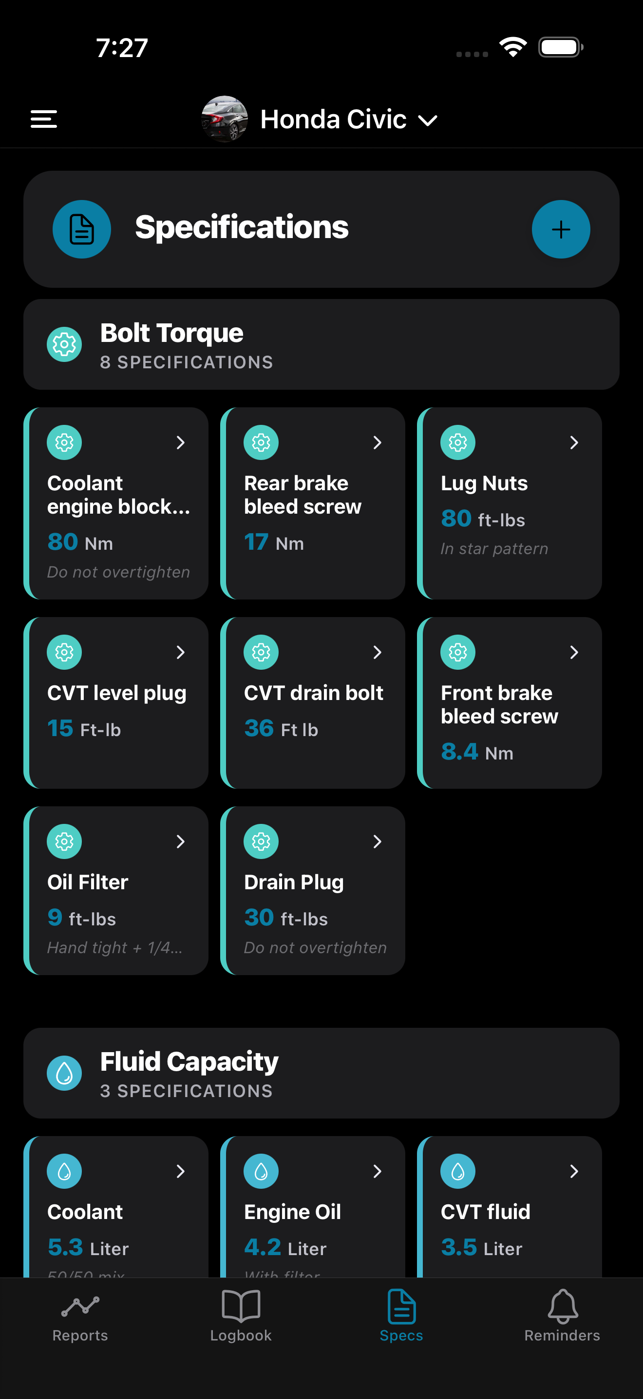 Carmainty app showing vehicle specifications